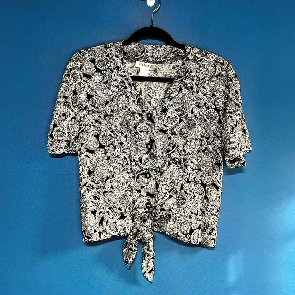 Vintage 90s Tie Front Blouse Women's Size Small Black White Paisley‎ Retro Indie
